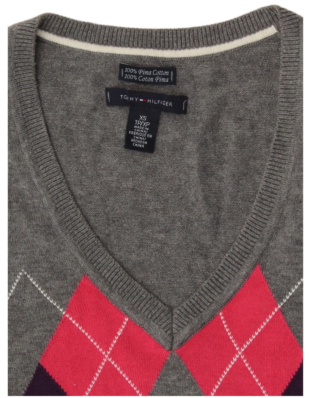 TOMMY HILFIGER Damen-Pullover mit V-Ausschnitt, Gr. 6, XS, Grau Argyle/Diamant