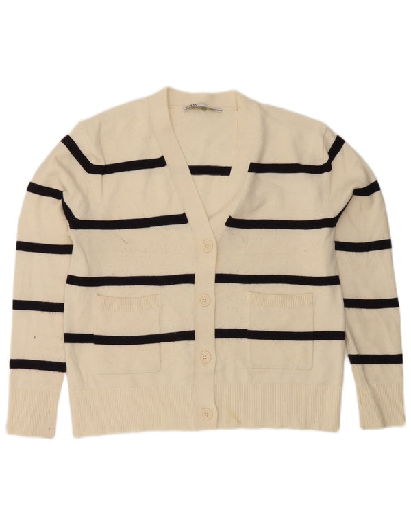 Zara Damen-Strickjacke in Übergröße, Gr. 6, XS, aus weiß gestreifter Viskose