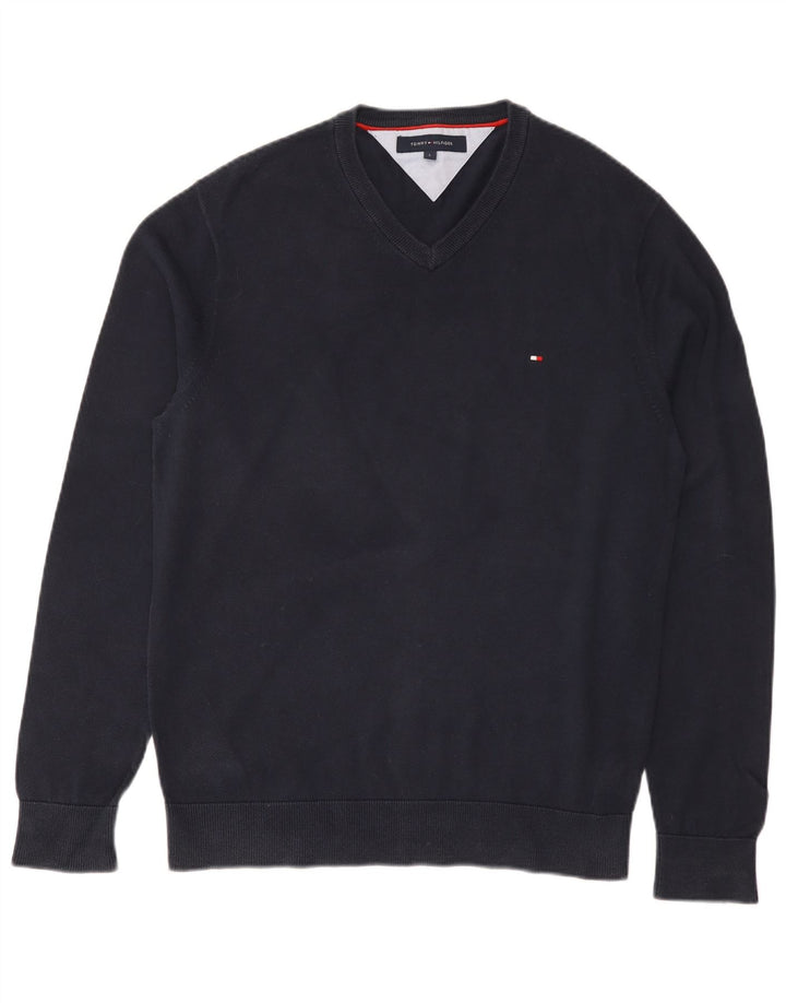 Tommy Hilfiger Herren-Pullover mit normaler Passform und V-Ausschnitt, Größe L, Marineblau