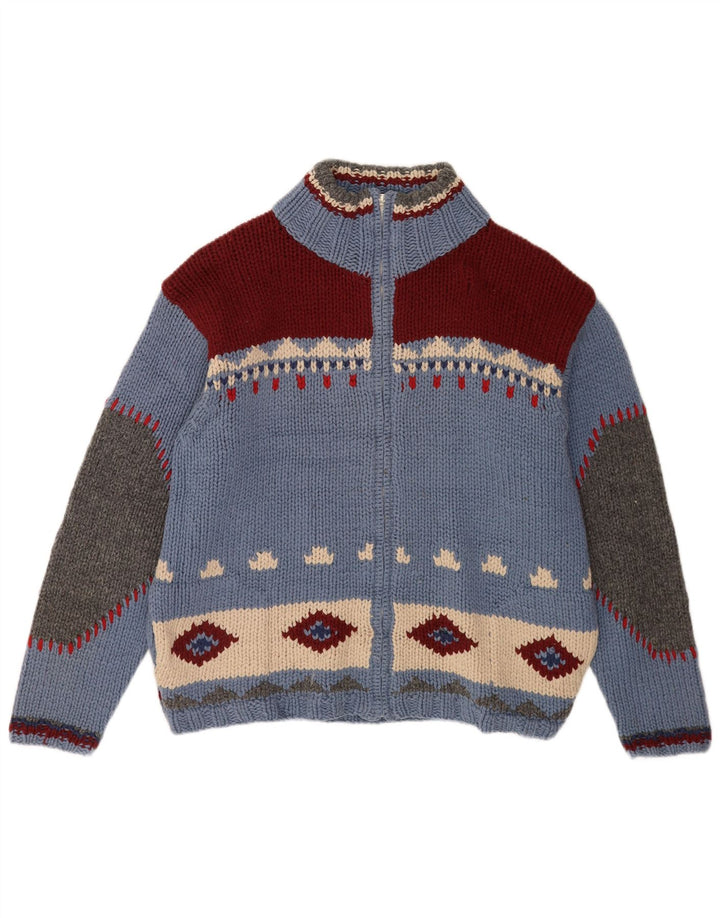 S.Moritz Herren-Strickjacke, handgefertigt, groß, blau, geometrisch, Wolle, Neuheit