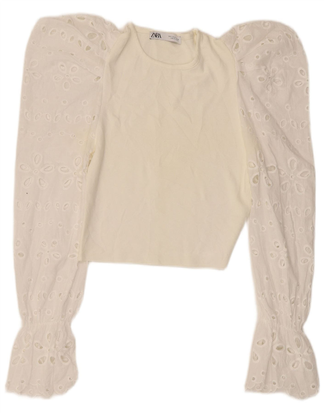 Zara Damen Crop Top Langarm UK 8 Small Weiß geblümt