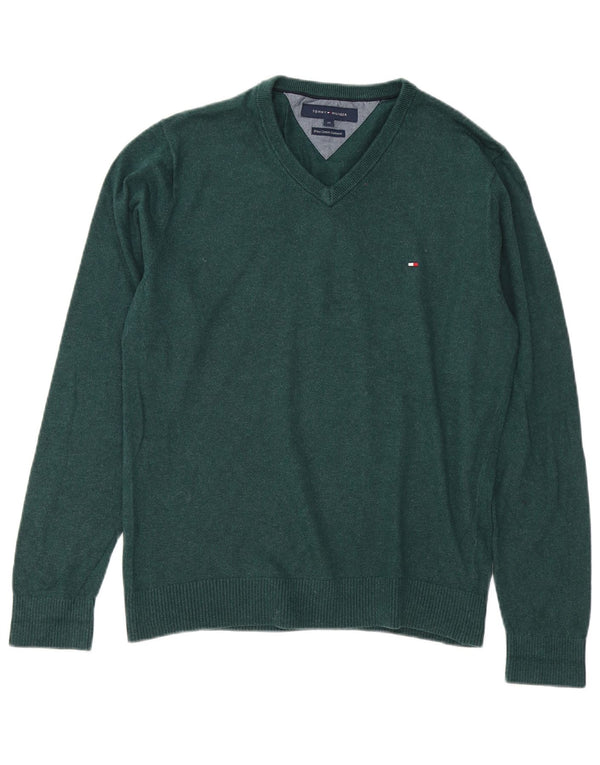Tommy Hilfiger Herren-Pullover mit V-Ausschnitt aus mittelgrüner Baumwolle