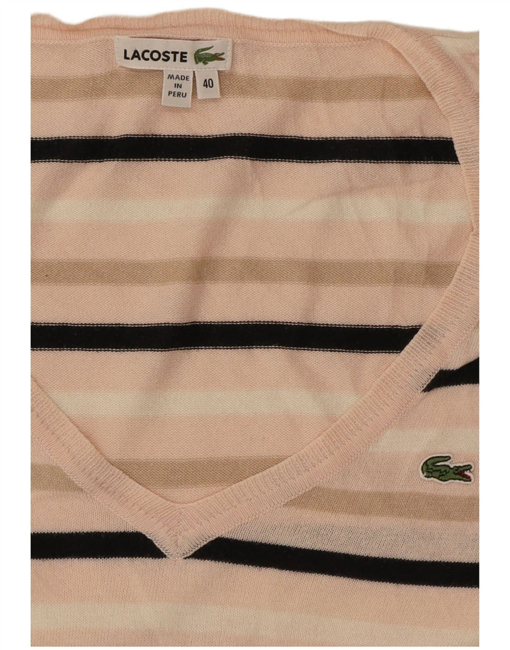 Lacoste Damen-Pullover mit V-Ausschnitt, Größe 40, mittelrosa gestreift