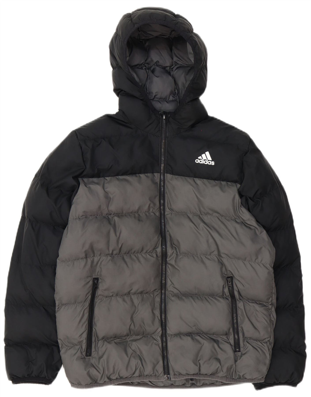 Adidas Jungen wattierte Jacke mit Kapuze, 13–14 Jahre, graues Farbblockdesign