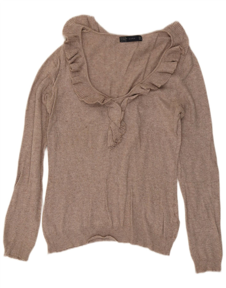 Zara Damen-Pullover mit Rüschen vorne und V-Ausschnitt, Gr. 12, Mittelbeige meliert