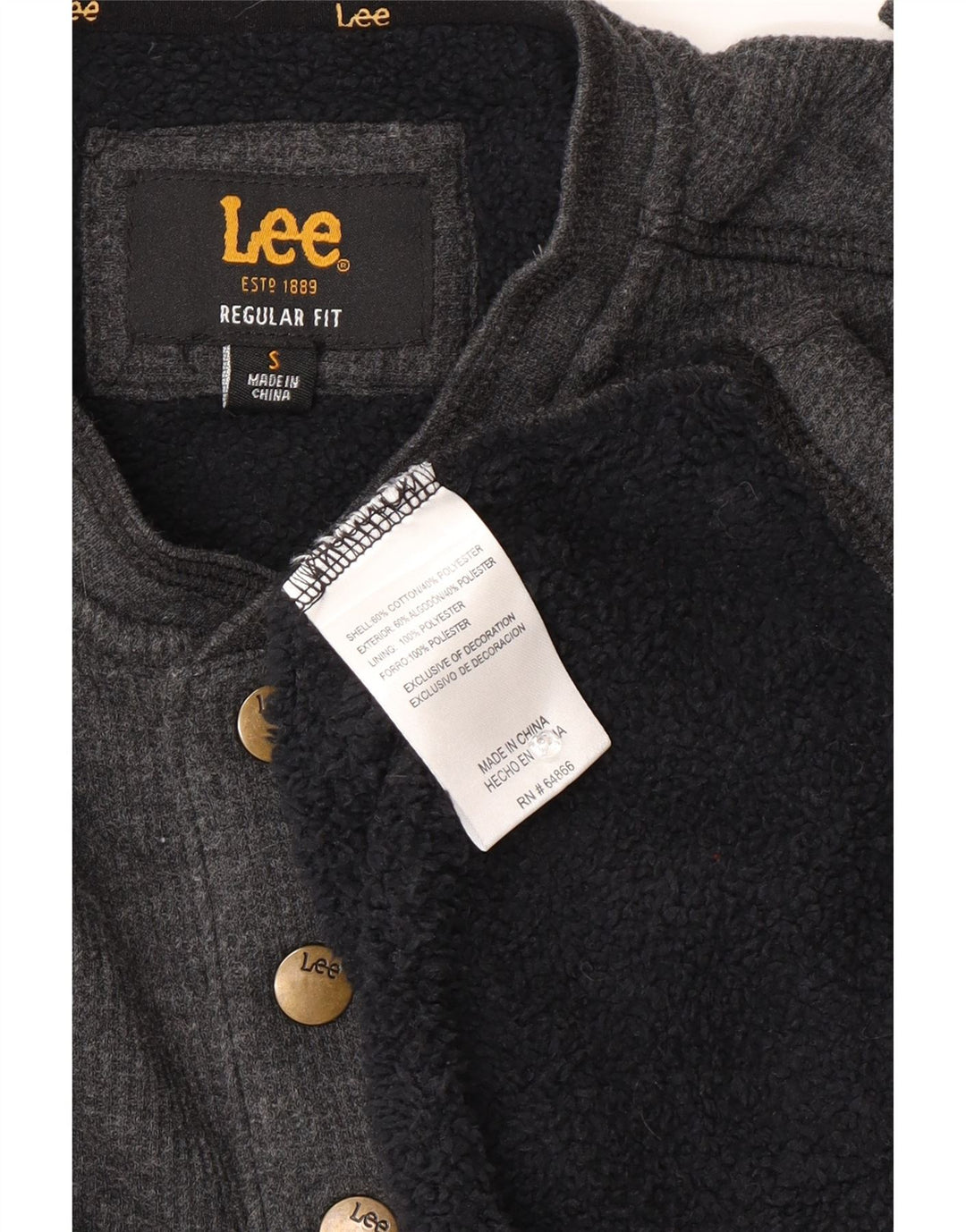 Lee Herren-Sweatshirt mit normaler Passform, Knopfkragen, Größe S, graue Baumwolle