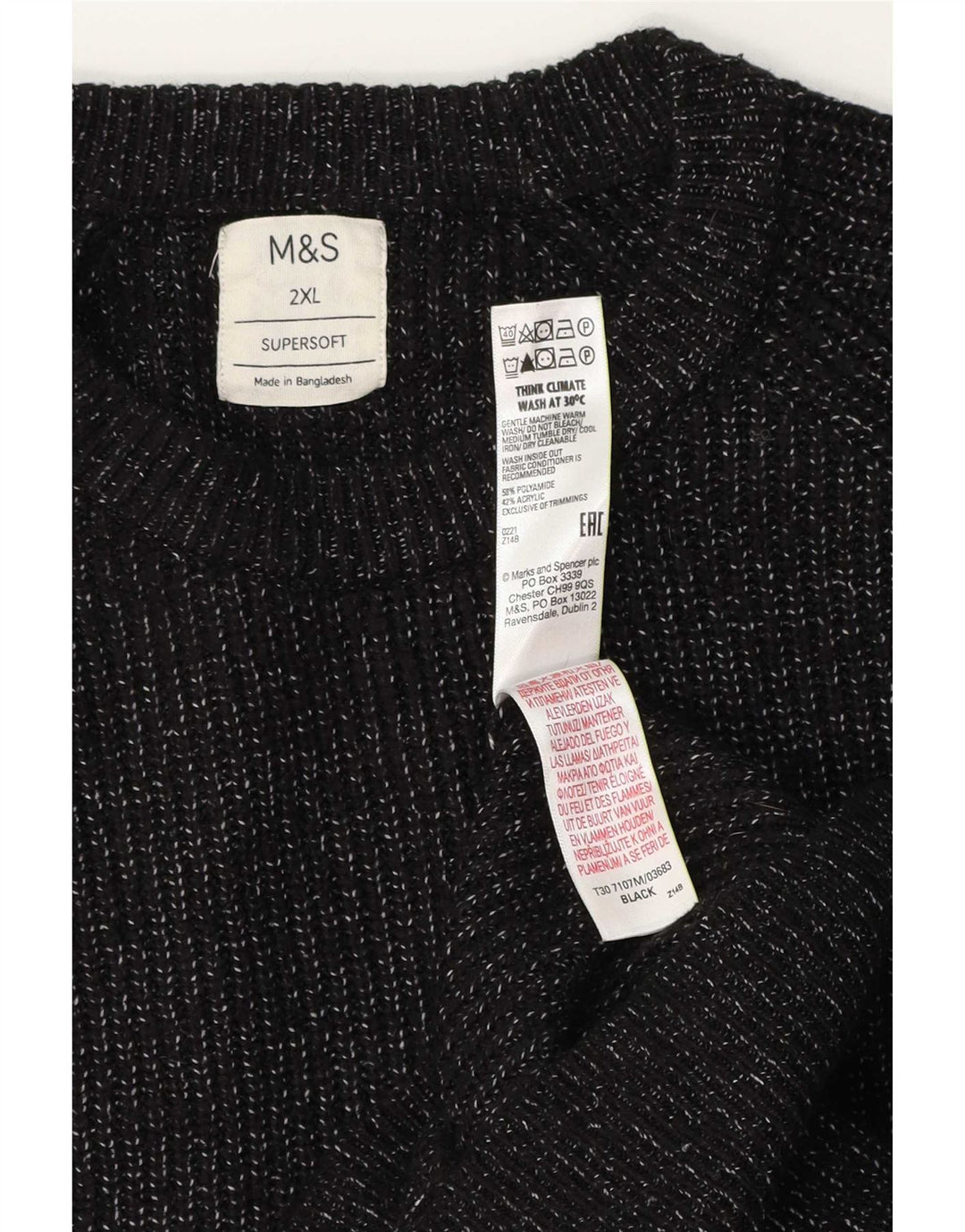 Marks & Spencer Herren-Pullover mit Rundhalsausschnitt, 2XL, schwarz geflecktes Polyamid