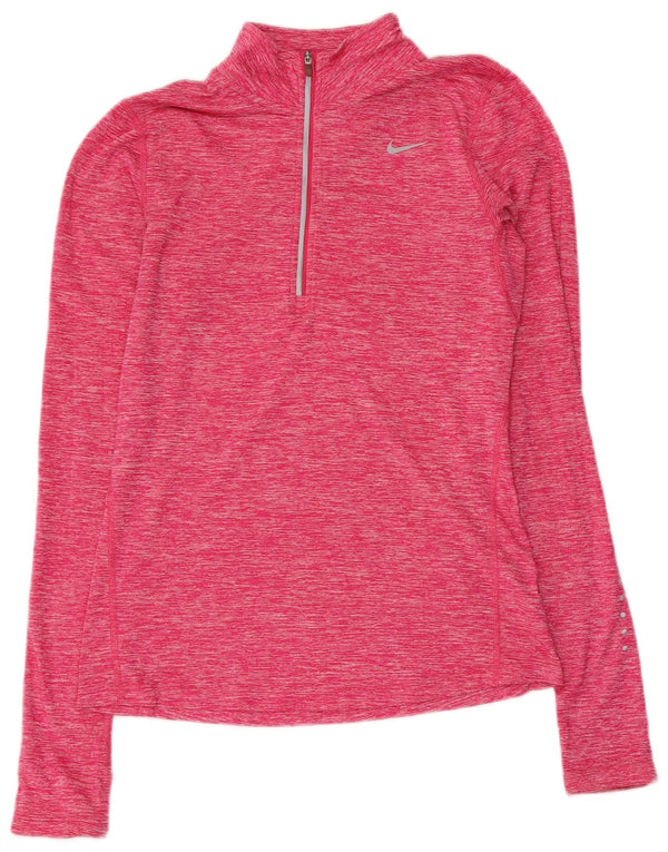 Nike Womens Dri Fit Zip Neck Pullover Trainingsanzug Top UK 6 XS Pink Flecked