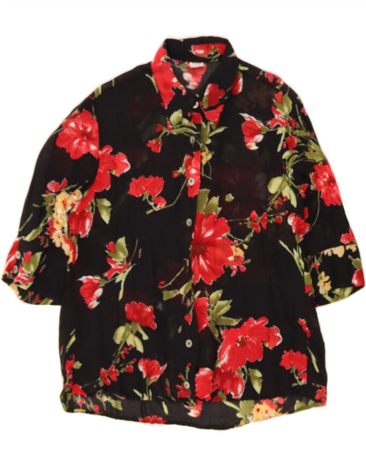 VINTAGE Womens Short Sleeve Shirt Blouse IT 44 Medium Black Floral Vintage Vintage and Second-Hand Vintage from Messina Hembry 