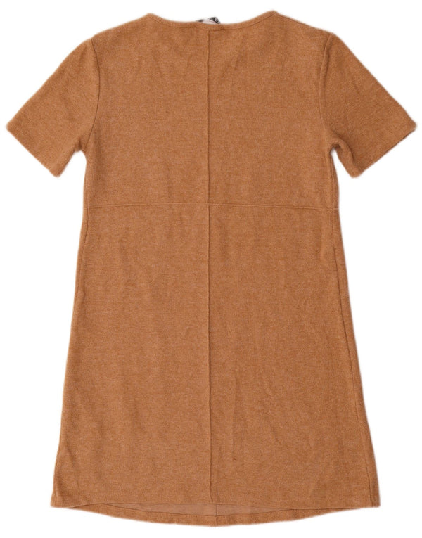 Zara Damen-Etuikleid mit kurzen Ärmeln, UK 12, mittelbeige Baumwolle