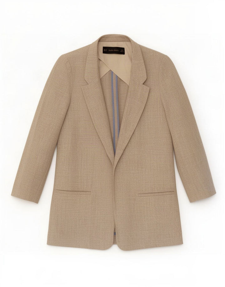 Zara Damen übergroße offene Blazerjacke UK 6 XS Beige Leinen