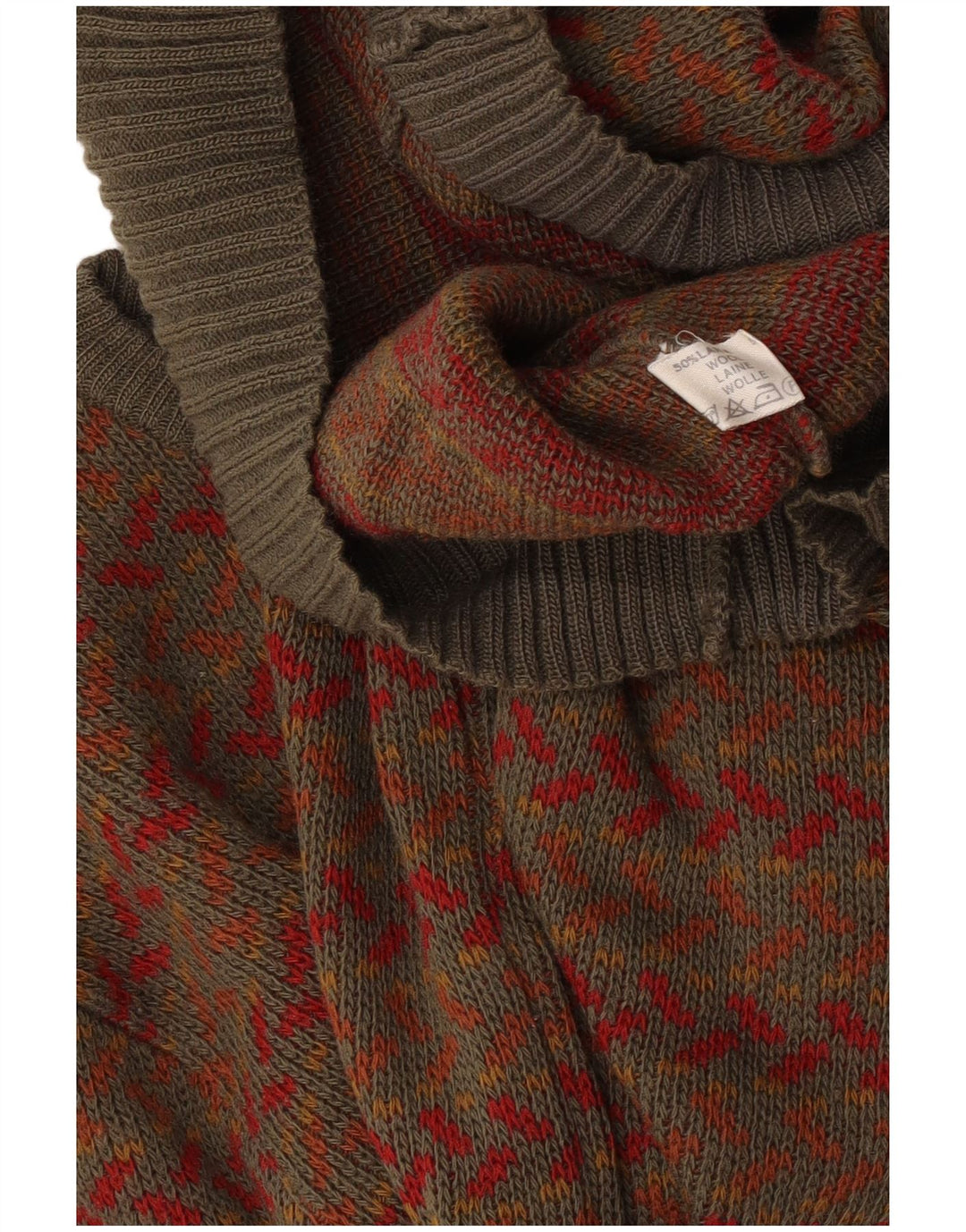 Vintage Herren-Pullover mit Rundhalsausschnitt, mittelgroße Khaki-geometrische Wolle