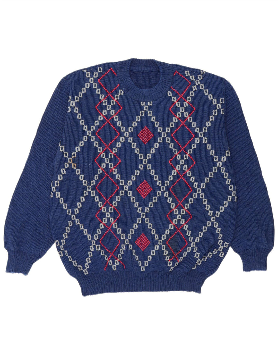 Vintage Herren Pullover mit Rundhalsausschnitt, groß, blau, Argyle/Diamant