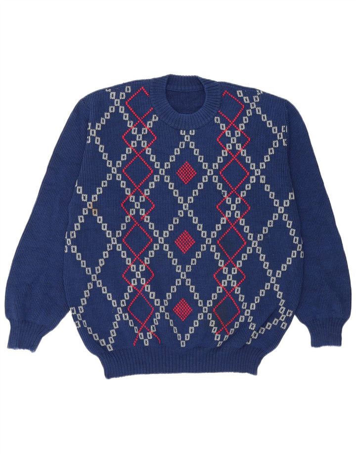 Vintage Herren Pullover mit Rundhalsausschnitt, groß, blau, Argyle/Diamant