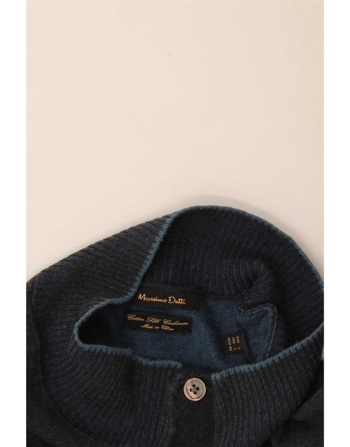 Massimo Dutti Herren-Pullover mit Knopfkragen, groß, marineblaue Baumwolle