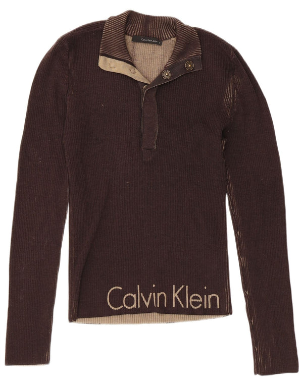 CALVIN KLEIN JEANS Damen-Pullover mit Knopfkragen, Gr. 10, Größe S, Braun