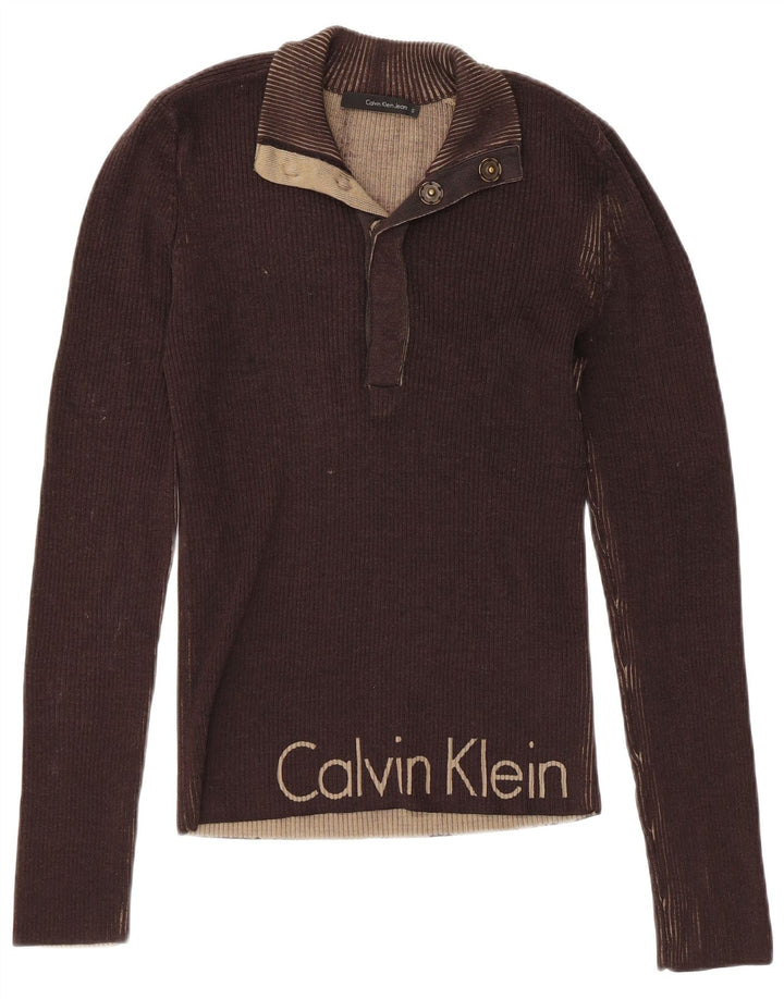CALVIN KLEIN JEANS Damen-Pullover mit Knopfkragen, Gr. 10, Größe S, Braun