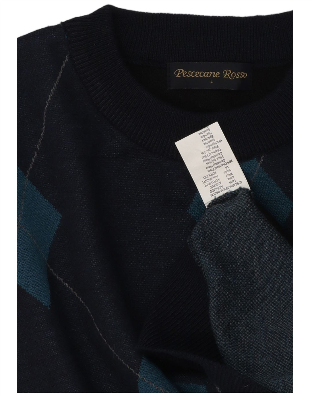 Vintage Herren-Pullover mit Rundhalsausschnitt, groß, marineblau, Argyle-/Diamant-Wolle