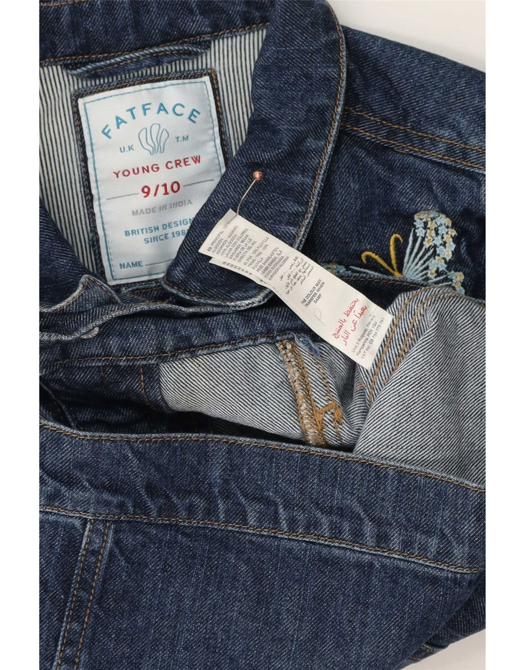 Fat Face Mädchen-Jeansjacke, 9–10 Jahre, blauer Baumwoll-Schmetterling