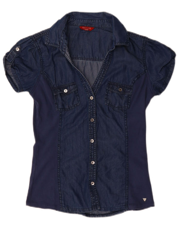 GUESS Damen Kurzarm-Jeanshemdbluse UK 12 Medium Navy Blue Tencel