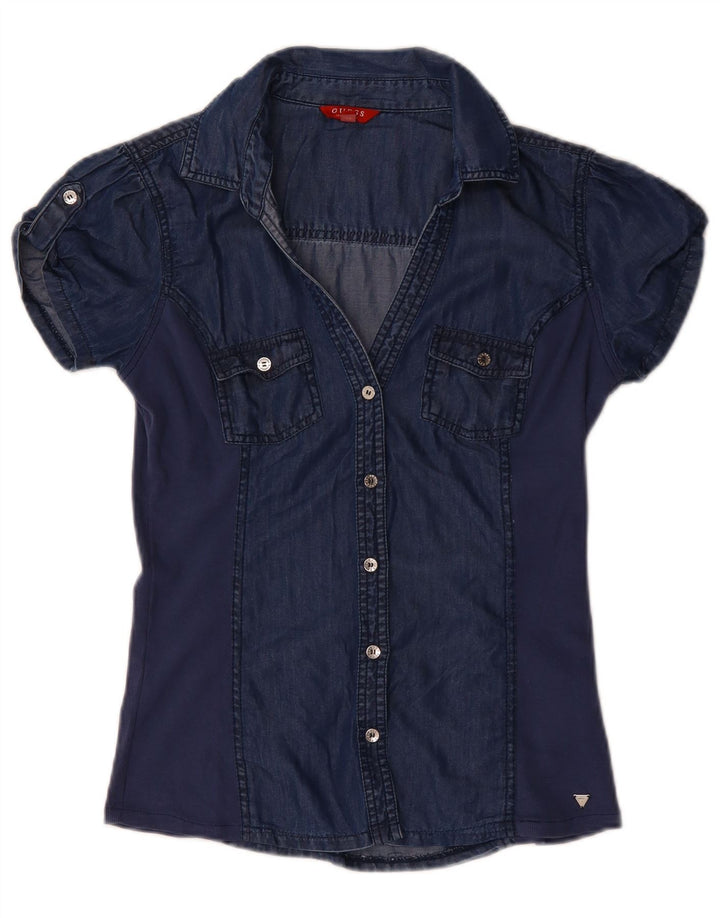 GUESS Damen Kurzarm-Jeanshemdbluse UK 12 Medium Navy Blue Tencel