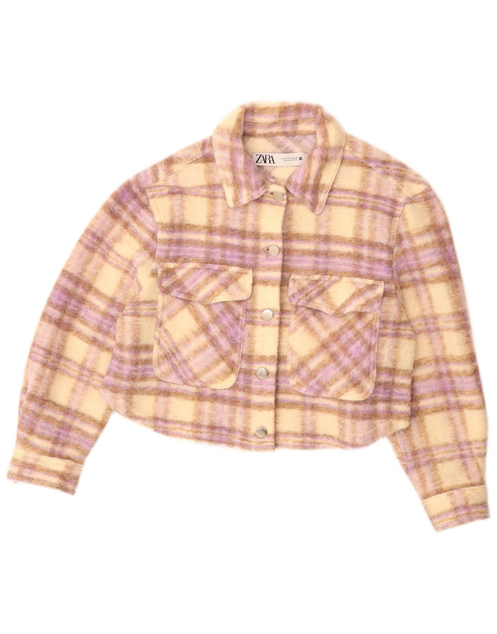 ZARA Damen Übergroße Crop Bomberjacke UK 10 Small Beige Check Polyester