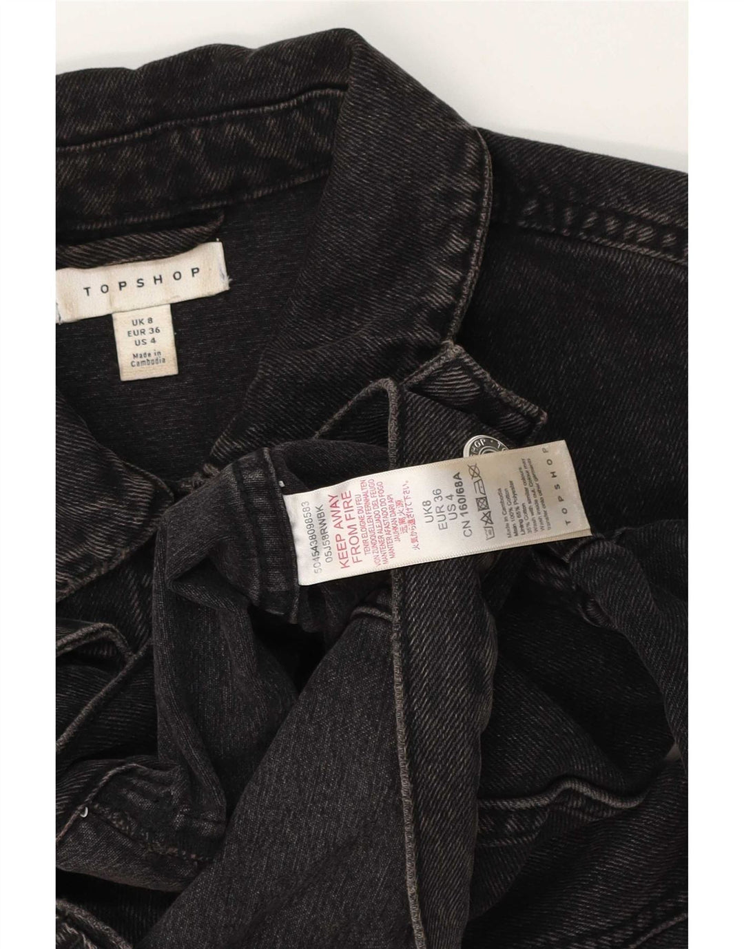 Topshop Damen Crop Denim Jacke UK 8 Small Schwarze Baumwolle