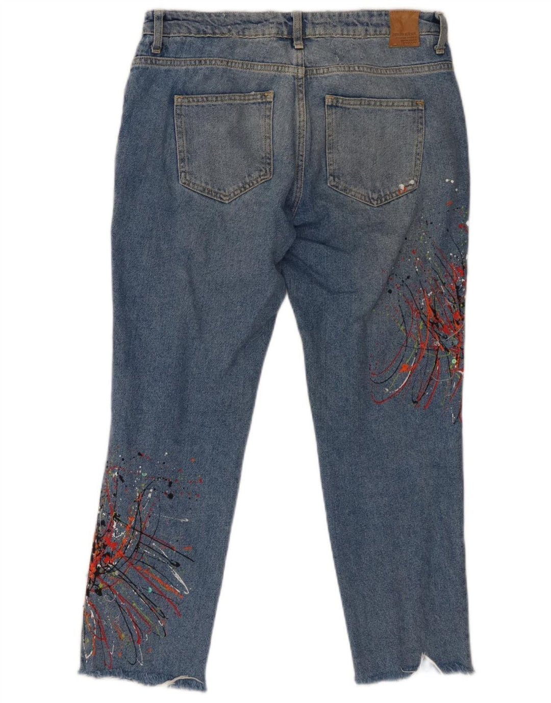 Zara Damen Graphic Cropped Jeans EU 40 Medium W30 L26 Blau gepunktete Baumwolle