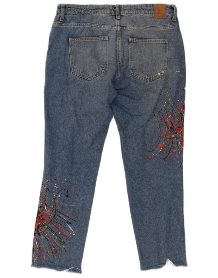 Zara Damen Graphic Cropped Jeans EU 40 Medium W30 L26 Blau gepunktete Baumwolle