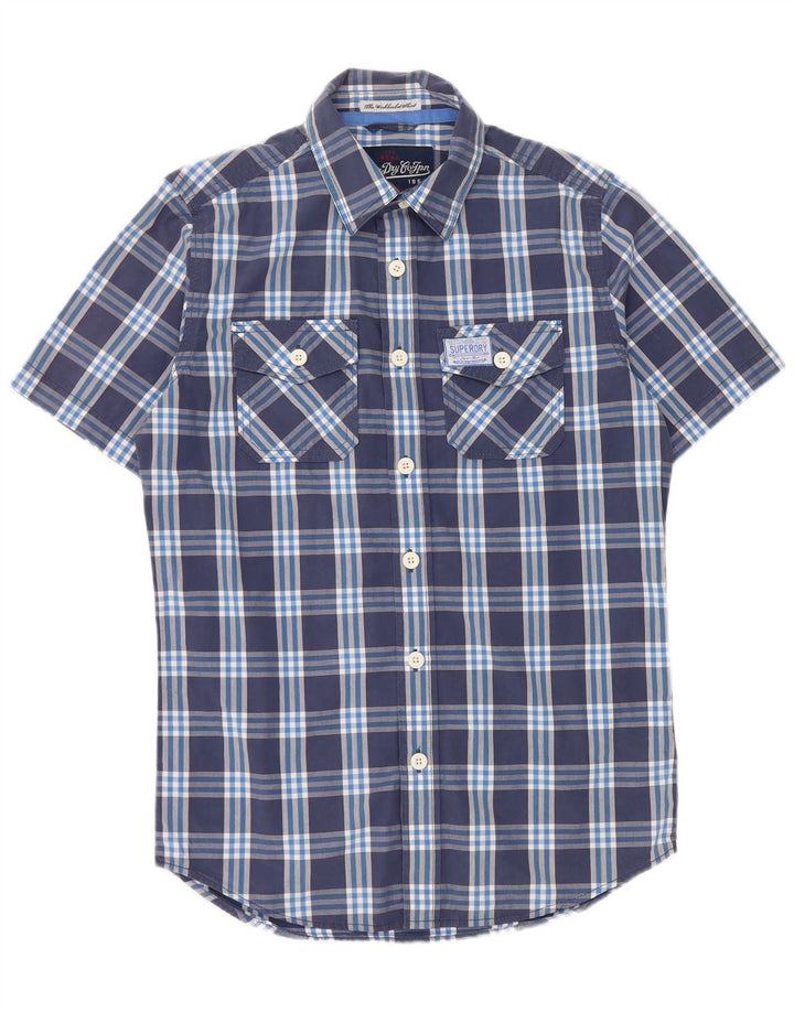 SUPERDRY Herren-Kurzarmhemd, klein, marineblau, kariert, Baumwolle