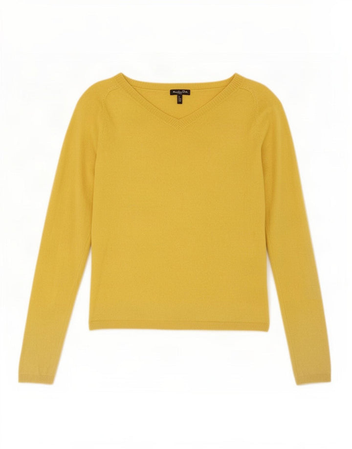 Massimo Dutti Damen-Pullover mit V-Ausschnitt, UK 14, Größe L, gelbe Seide