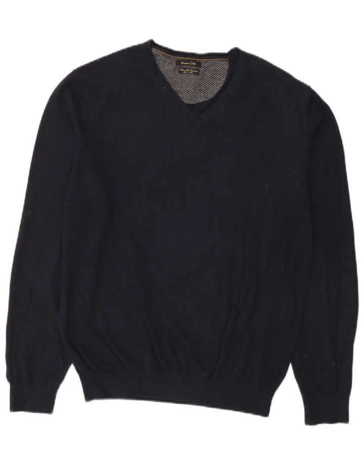 Massimo Dutti Herren-Pullover mit V-Ausschnitt, groß, marineblaue Baumwolle