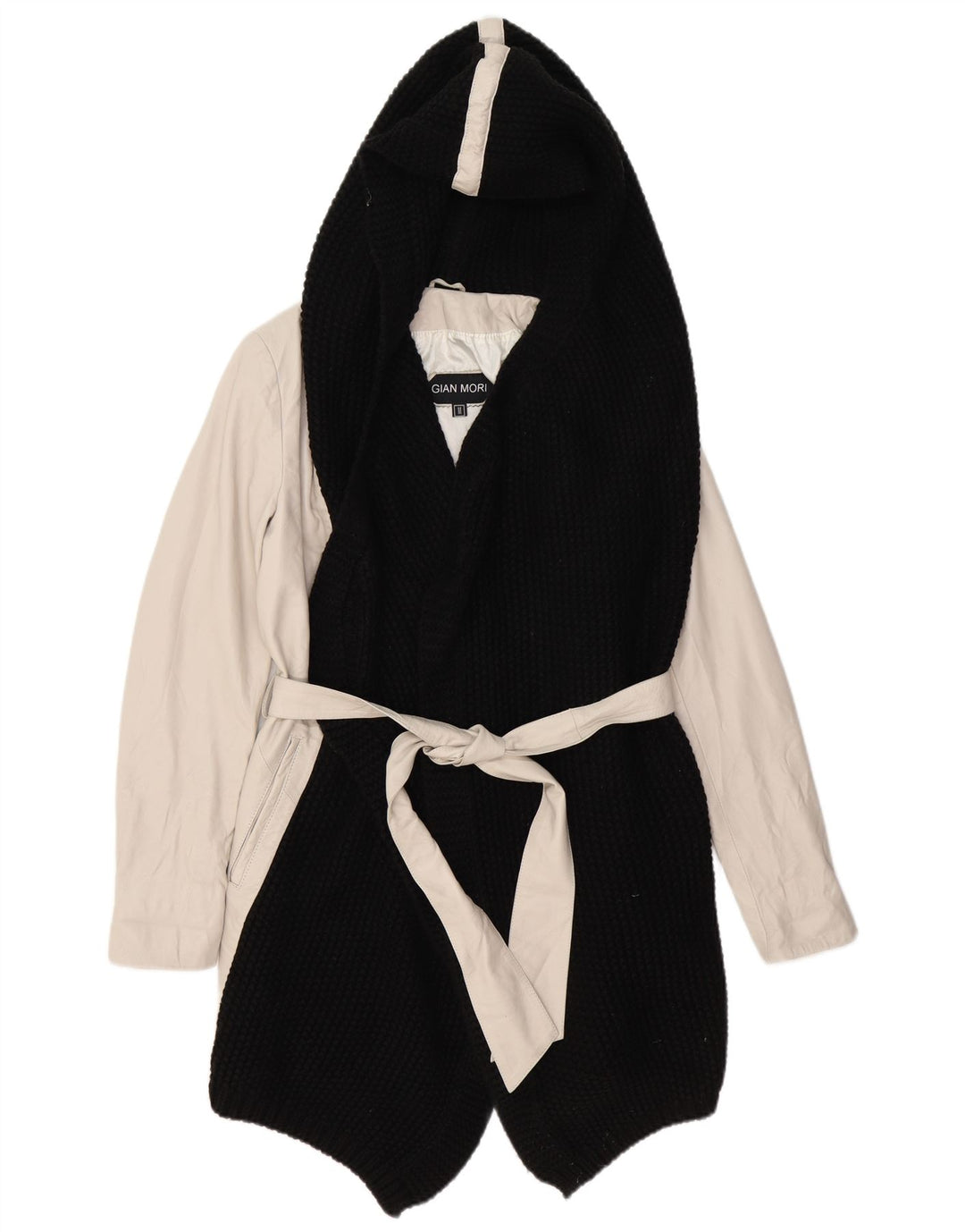 GIAN MORI Damen Kapuzenmantel UK 14 Medium Off White Colourblock Leder