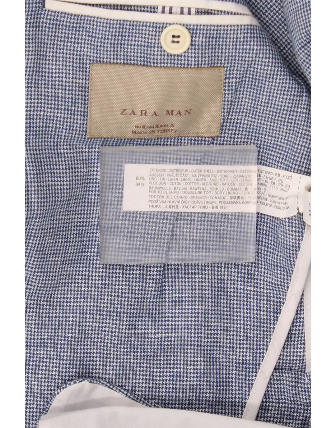 Zara Herren-Blazer mit 2 Knöpfen, EU 46, kleines blaues Hahnentritt-Leinen