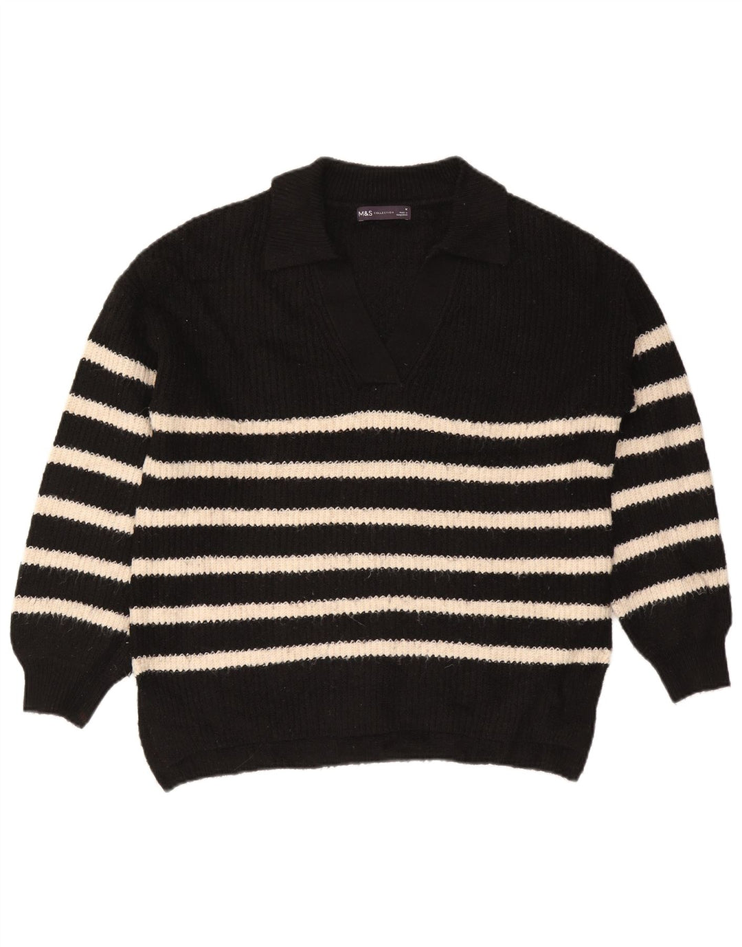 Marks & Spencer Damen-Pullover mit Polokragen, Gr. 14, mittelschwarz gestreift