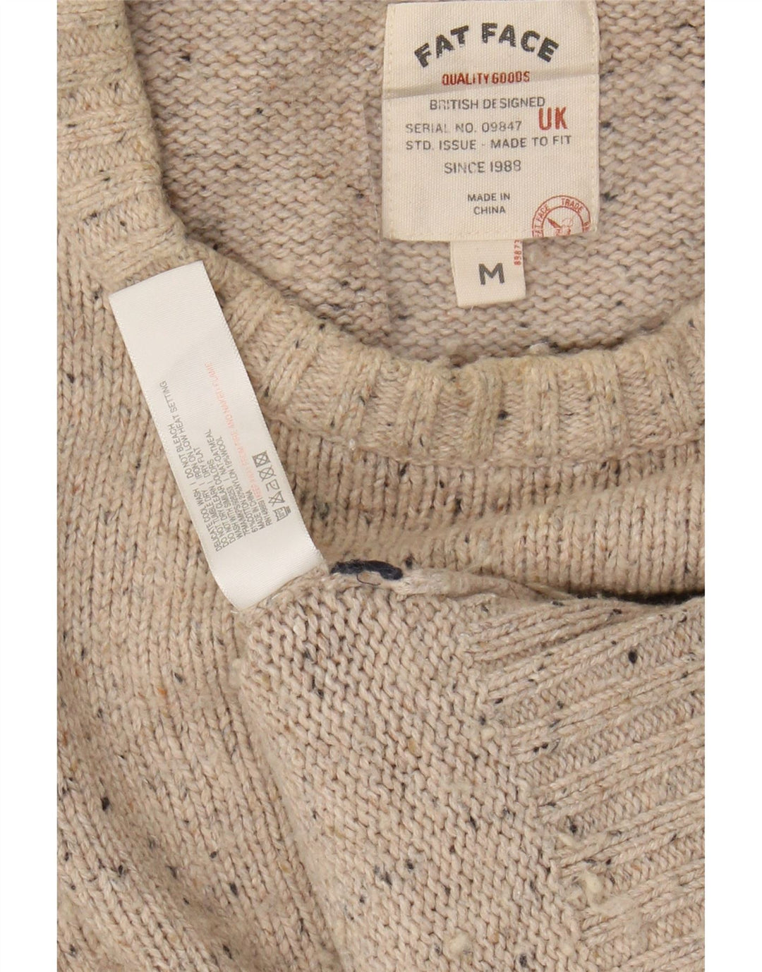 FAT FACE Herren-Pullover mit Rundhalsausschnitt, mittelbeigefarbene gesprenkelte Baumwolle