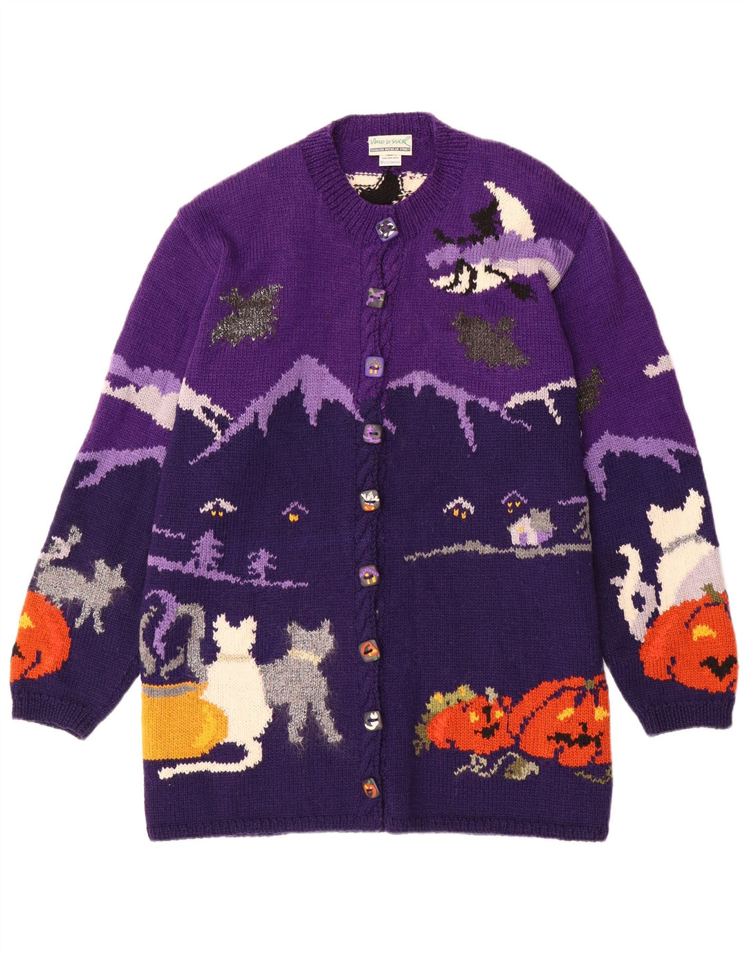 VINTAGE Grafischer Damen-Cardigan-Pullover UK 20 2XL Lila Colourblock-Wolle