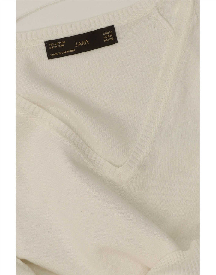 Zara Damen-Pullover mit V-Ausschnitt, UK 12, mittelweiße Baumwolle