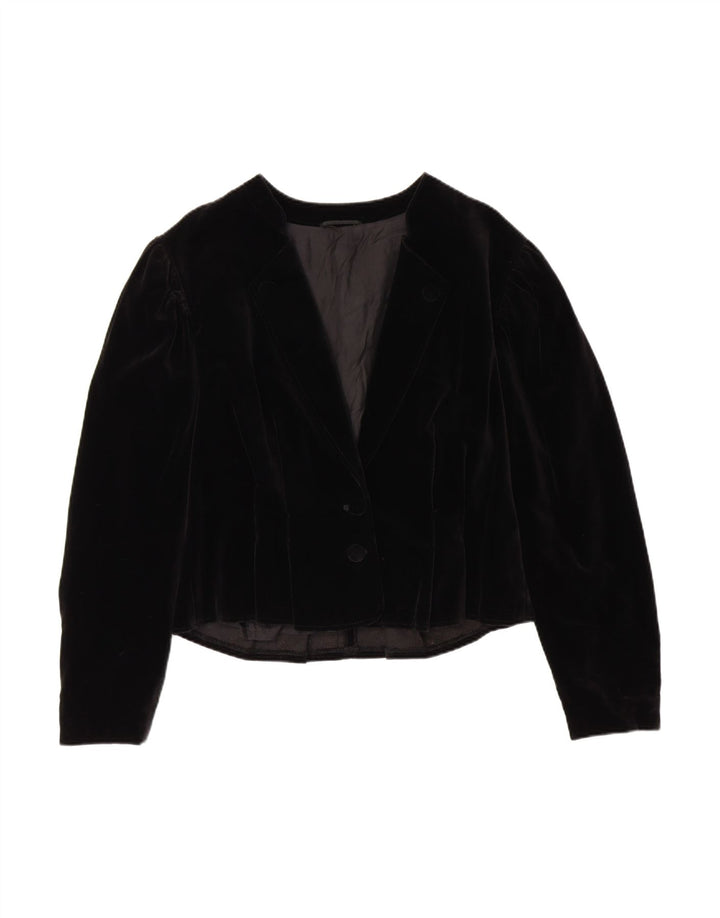 VINTAGE Womens Crop 2 Button Blazer Jacket EU 42 Large Black Cotton