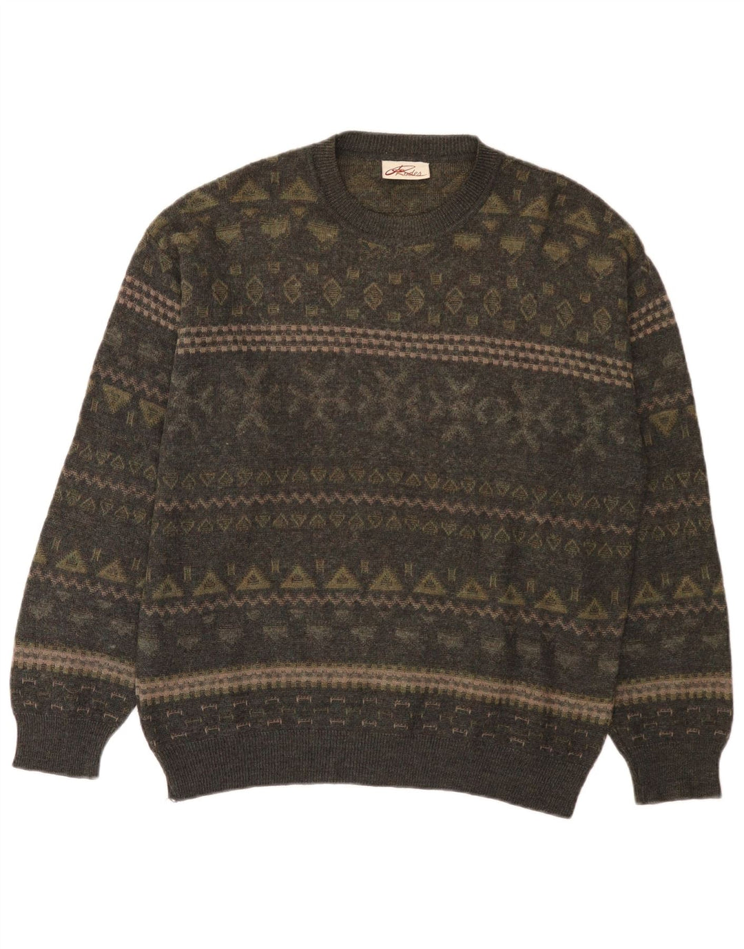 Rodes Herren-Pullover mit Rundhalsausschnitt, mittelgroße Khaki-Fair-Isle-Wolle