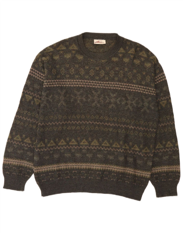 Rodes Herren-Pullover mit Rundhalsausschnitt, mittelgroße Khaki-Fair-Isle-Wolle