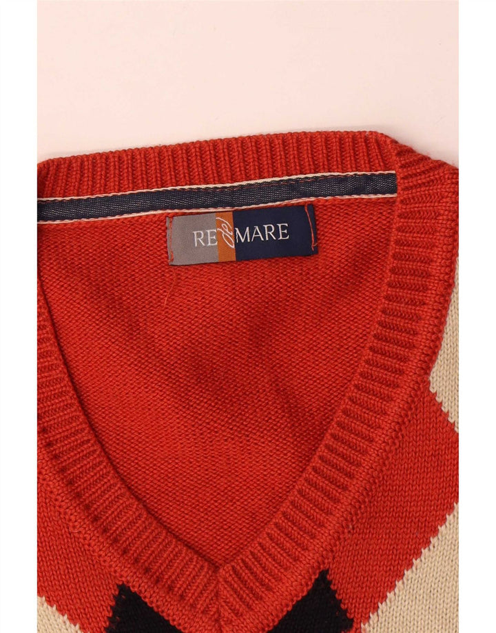 Re Del Mare Herren-Pullover mit V-Ausschnitt, Mittelorange Argyle/Diamant-Wolle