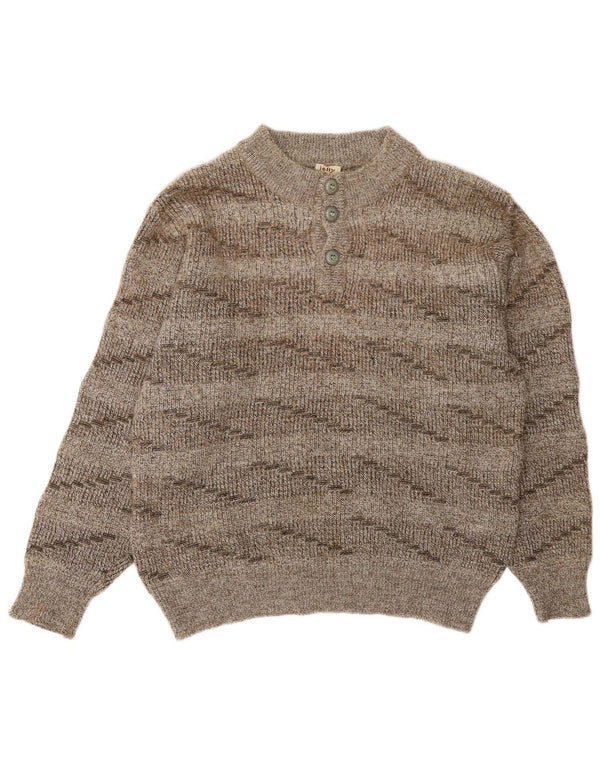 Vintage Womens Button Neck Jumper Sweater UK 16 Large Brown Striped Wool