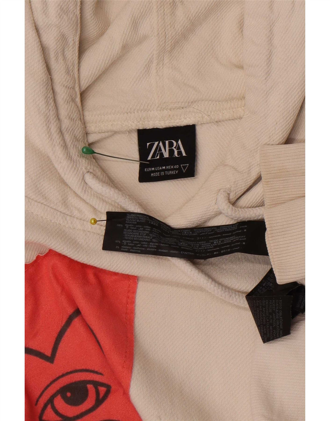 Zara Herren Graphic Loose Fit Hoodie Pullover Mittelweiß