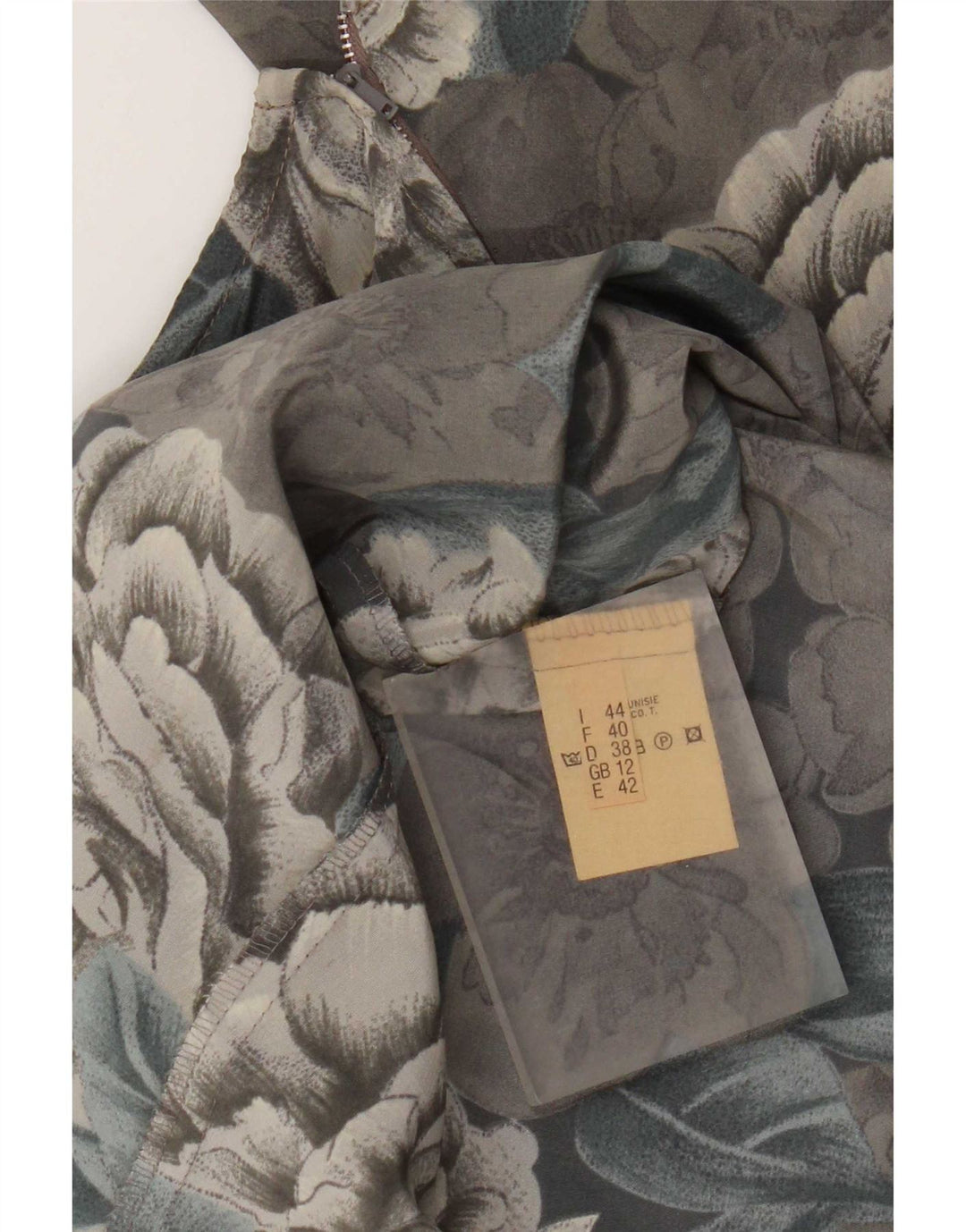 Vintage Damen Langarm-Etuikleid UK 12 Mittelgrau geblümtes Polyester