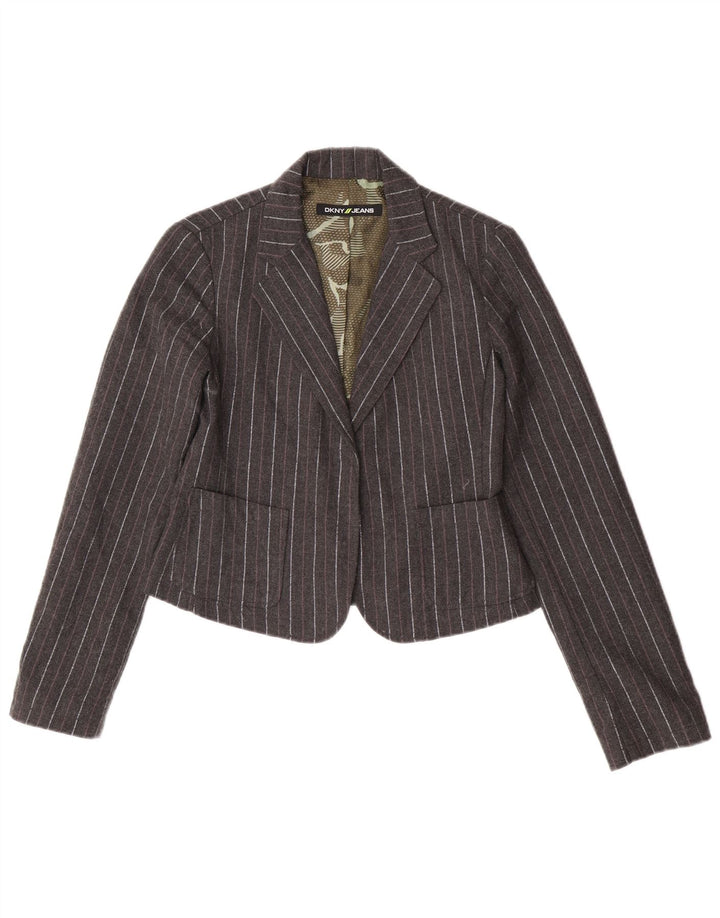 Dkny Womens Crop Open Blazer Jacke UK 12 Mittelgraues Nadelstreifen-Polyester