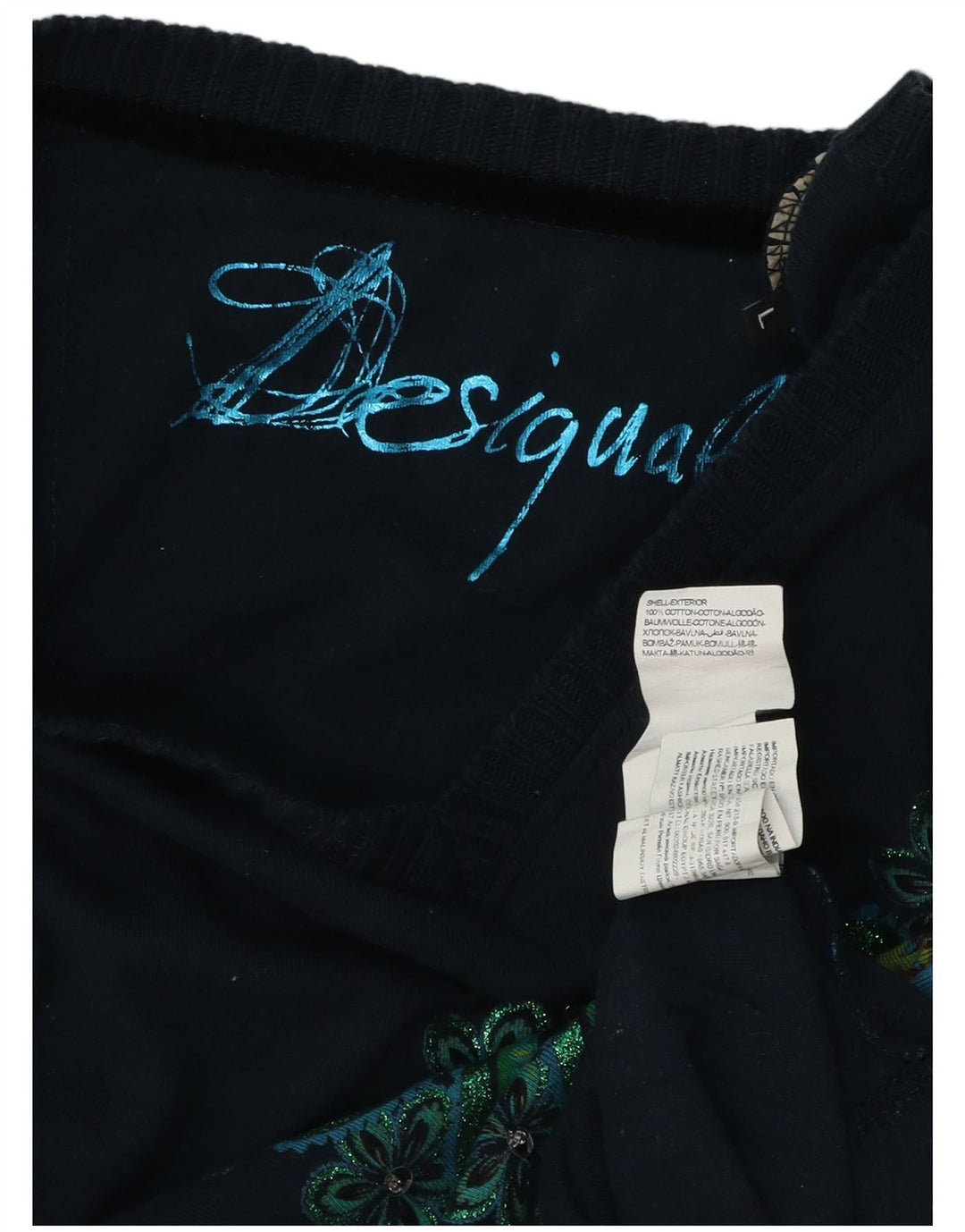 DESIGUAL Damen Graphic Top Langarm UK 14 Large Marineblau mit Blumenmuster