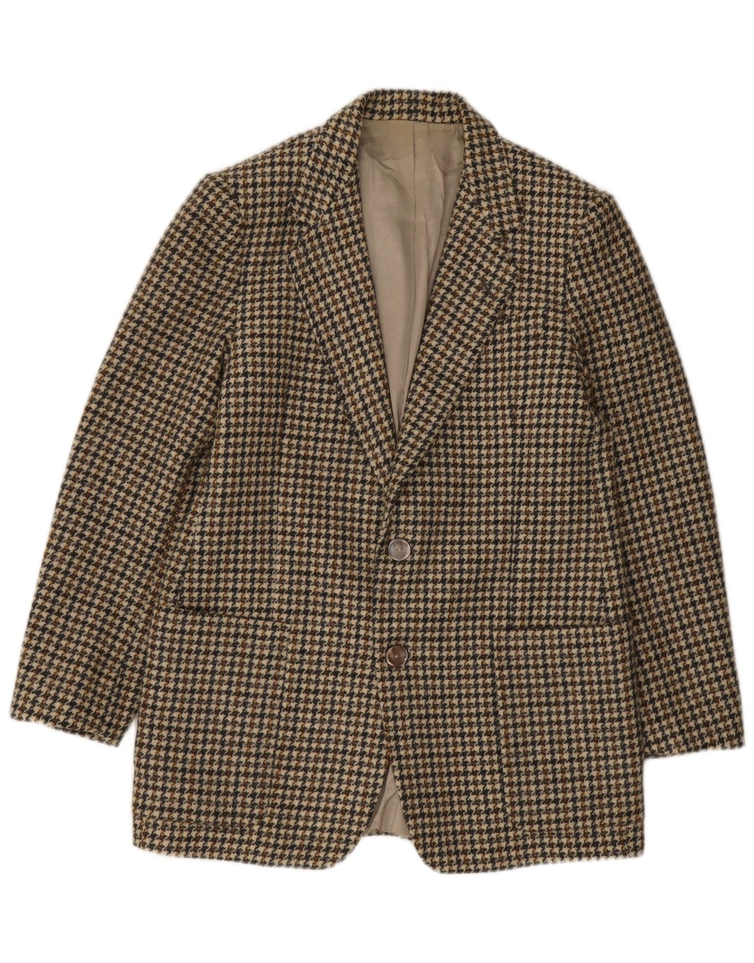 Reporter Herren-Blazer mit 2 Knöpfen, IT 48, mittelbraune Wolle mit Hahnentrittmuster