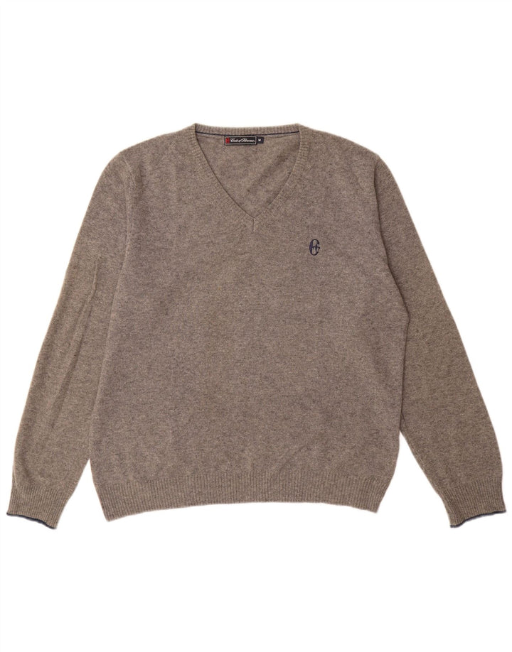 Conte of Florence Herren-Pullover mit V-Ausschnitt aus mittelgrauer Wolle