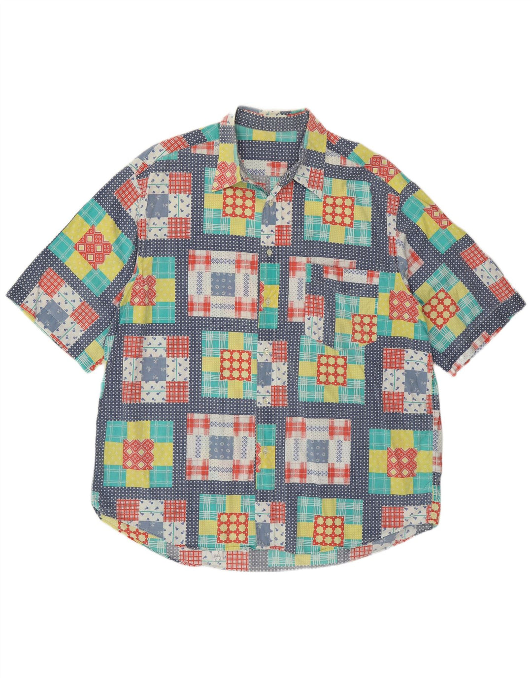 VINTAGE Herren Kurzarmhemd XL Mehrfarbige Patchwork-Baumwolle